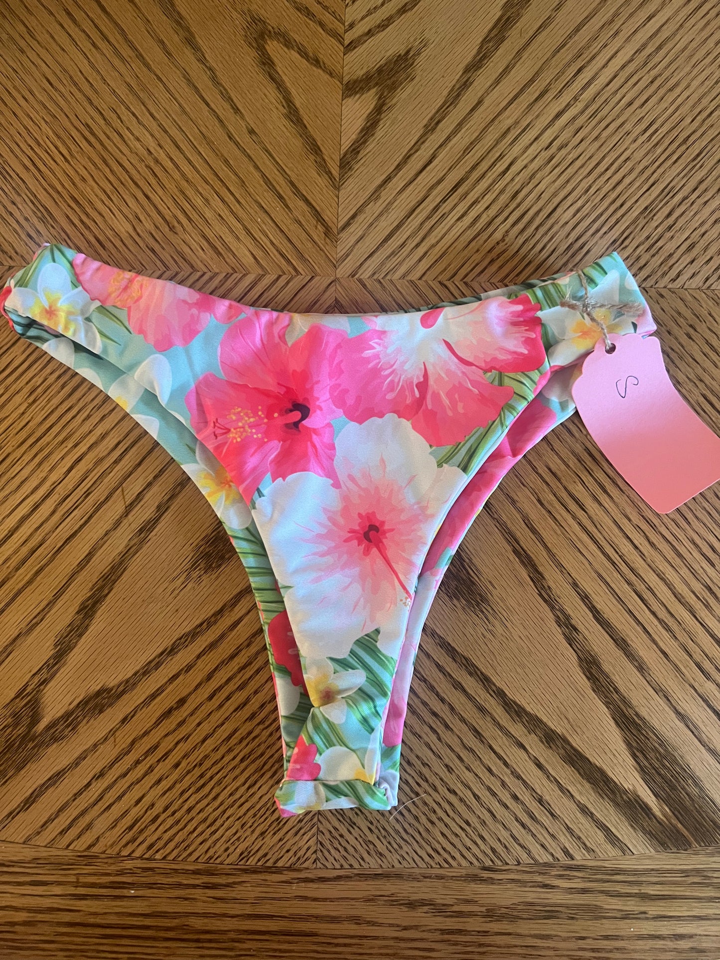 Pink hibiscus thong bottom- size small
